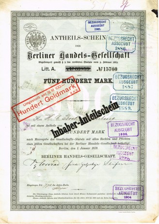Artikelnr. AP250 Berliner Handelsgesellschaft 4er Set Anteilscheine 1879,1886,1889,1891 mit Original-Unterschriften