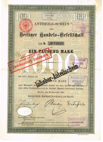 Artikelnr. AP323 Berliner Handelsgesellschaft 8 Anteilscheine mit Original-Unterschrift von Carl Fürstenberg