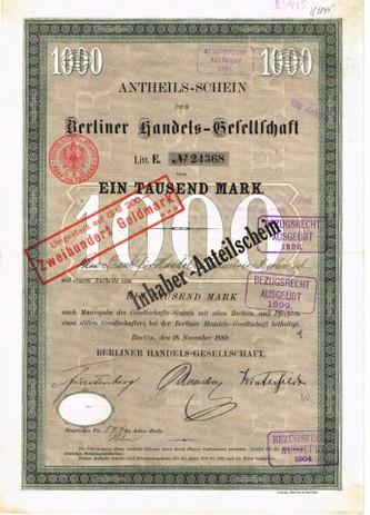 Artikelnr. AP324 Berliner Handelsgesellschaft 8 Anteilscheine mit Original-Unterschrift von Carl Fürstenberg