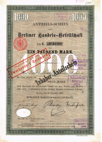 Artikelnr. AP324 Berliner Handelsgesellschaft 8 Anteilscheine mit Original-Unterschrift von Carl Fürstenberg
