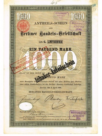 Artikelnr. AP363 Berliner Handelsgesellschaft Anteilschein von 1879 mit Unterschrift von Walter Rathenau
