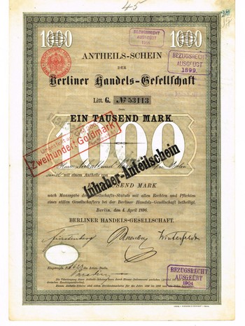 Artikelnr. AP363 Berliner Handelsgesellschaft Anteilschein von 1879 mit Unterschrift von Walter Rathenau