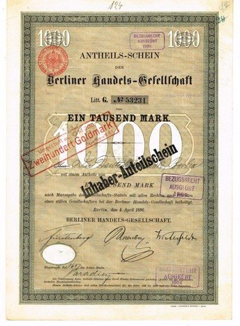 Artikelnr. AP367 Berliner Handelsgesellschaft 3er Set Anteilscheine mit Unterschrift von Walter Rathenau