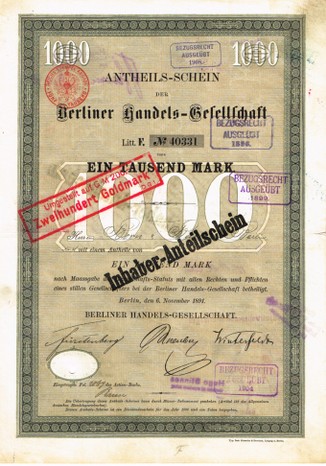 Artikelnr. AP325 Berliner Handelsgesellschaft 8 Anteilscheine mit Original-Unterschrift von Carl Fürstenberg