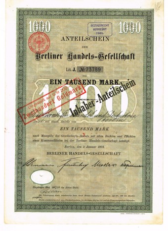 Artikelnr. AP365 Berliner Handelsgesellschaft Anteilschein von 1904 mit Unterschrift von Walter Rathenau