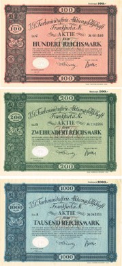 3erSet IG Farben Gründeraktien von 1925 100 Reichsmark, 200 Reichsmark, 1000 Reichsmark