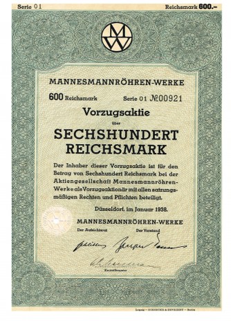 Artikelnr. AP304 Mannesmann Vorzugsaktie von 1938 Wert sechshundert Reichsmark1