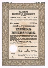 Artikeln .AP155 Allgemeine Elektrizitäts-Gesellschaft Teilschuldverschreibung vom Juni 1942 Wert 1000 Reichsmark