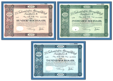 Artikelnr. AP2509 Set bestehend aus drei gerahmten Aktien der IG Farben von 1925