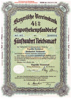 Artikelnr. AP254 Bayerische Vereinsbank Hypothekenpfandbrief 500 RM 4,5 %  Serie1
