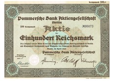 Artikelnr. AP305  Pommersche Bank AG Aktie vom April 1933 Wert 100 RM