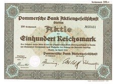 Artikelnr. AP306  Pommersche Bank AG Aktie vom April 1933 Wert 100 RM