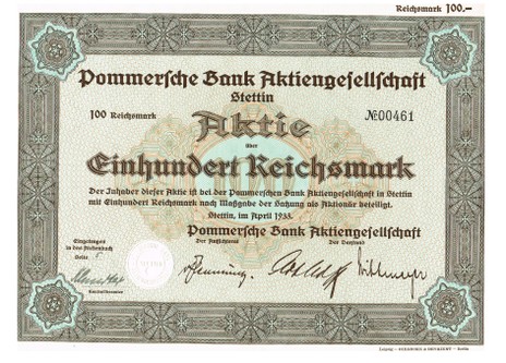 Artikelnr. AP306  Pommersche Bank AG Aktie vom April 1933 Wert 100 RM