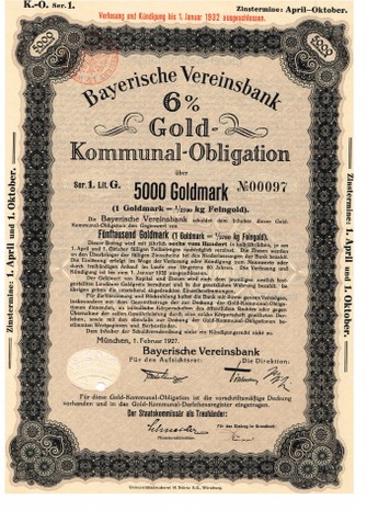 Artikelnr AP307 Bayerische Vereinsbank Goldpfandbrief 5000Goldmark 6 %  Serie 1