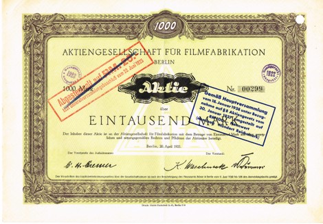 Artikelnr. AP308  Aktgiengesellschaft für Filmfabrikation Aktie vom 20.April1921 über 1000 Mark