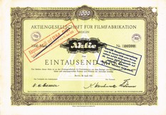 Artikelnr. AP309  Aktgiengesellschaft für Filmfabrikation Aktie vom 20.April1921 über 1000 Mark