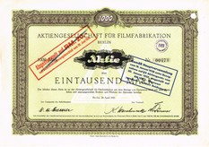Artikelnr. AP310  Aktgiengesellschaft für Filmfabrikation Aktie vom 20.April1921 über 1000 Mark