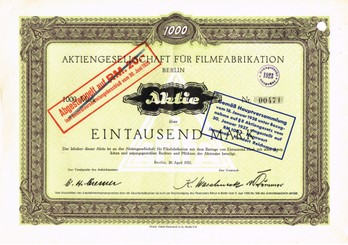 Artikelnr. AP310  Aktgiengesellschaft für Filmfabrikation Aktie vom 20.April1921 über 1000 Mark