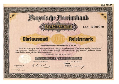Artikelnr. AP326 Bayerische Vereinsbank Stammaktie vom 24.03.1925 Nr.220 Wert 1000 Reichsmark