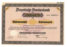 Artikelnr. AP327 Bayerische Vereinsbank Stammaktie vom 24.03.1925 Nr.244 Wert 1000 Reichsmark