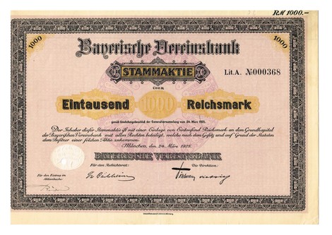 Artikelnr. AP328 Bayerische Vereinsbank Stammaktie vom 24.03.1925 Nr.368 Wert 1000 Reichsmark