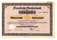 Artikelnr. AP329 Bayerische Vereinsbank Stammaktie vom 24.03.1925 Nr.372 Wert 1000 Reichsmark