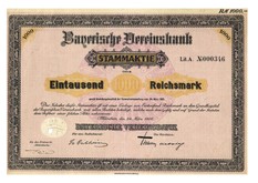 Artikelnr. AP330 Bayerische Vereinsbank Stammaktie vom 24.03.1925 Nr.346 Wert 1000 Reichsmark