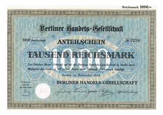 Artikelnr. AP339 Berliner Handelsgesellschaft Anteilschein von 1928 Nr.259 Wert 1000 RM