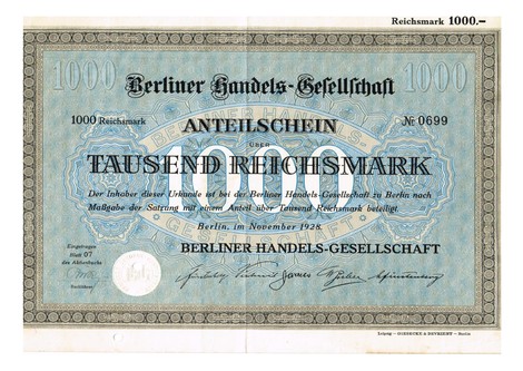 Artikelnr. AP340 Berliner Handelsgesellschaft Anteilschein von 1928 Nr. 699 Wert 1000 RM