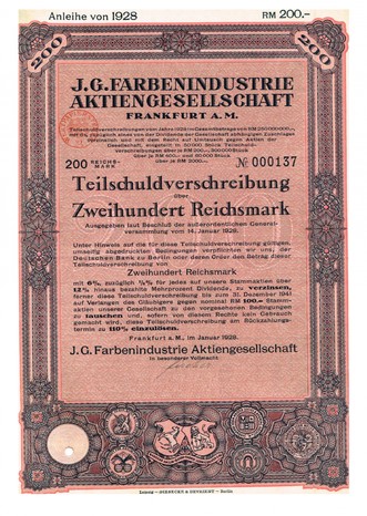 Artikelnr. AP341 IG FarbenTeilschuldverschreibung von 1928 Nr. 000137 Wert 200 RM 