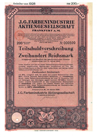 Artikelnr. AP342 IG FarbenTeilschuldverschreibung von 1928 Nr. 000500 Wert 200 RM