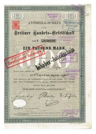 Artikelnr. AP352 Berliner Handelsgesellschaft Anteilschein vom April1886 Nr. 199 Wert 1000 Mark
