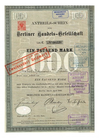 Artikelnr. AP353 Berliner Handelsgesellschaft Anteilschein vom April1886 Nr.226 Wert 1000 Mark