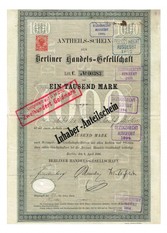 Artikelnr. AP354 Berliner Handelsgesellschaft Anteilschein vom April1886 Nr.383 Wert 1000 Mark