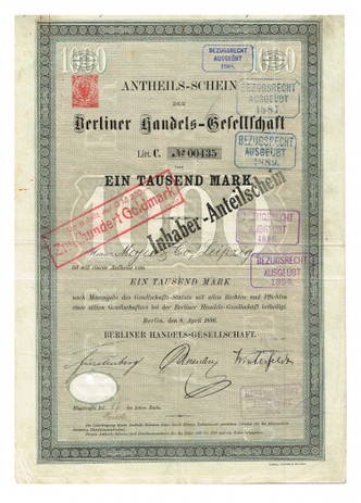 Artikelnr. AP356 Berliner Handelsgesellschaft Anteilschein vom April1886 Nr.435 Wert 1000 Mark