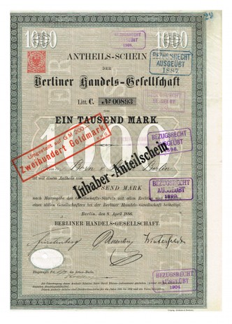 Artikelnr. AP358 Berliner Handelsgesellschaft Anteilschein vom April1886 Nr.893 Wert 1000 Mark