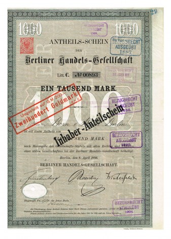 Artikelnr. AP358 Berliner Handelsgesellschaft Anteilschein vom April1886 Nr.893 Wert 1000 Mark