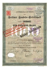 Artikelnr. AP359 Berliner Handelsgesellschaft Anteilschein vom April1886 Nr.943 Wert 1000 Mark