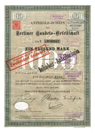 Artikelnr. AP359 Berliner Handelsgesellschaft Anteilschein vom April1886 Nr.943 Wert 1000 Mark