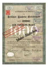 Artikelnr. AP360 Berliner Handelsgesellschaft Anteilschein vom April1886 Nr.931 Wert 1000 Mark