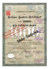 Artikelnr. AP361 Berliner Handelsgesellschaft Anteilschein vom April1886 Nr.977 Wert 1000 Mark1