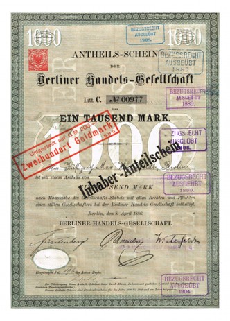Artikelnr. AP361 Berliner Handelsgesellschaft Anteilschein vom April1886 Nr.977 Wert 1000 Mark1