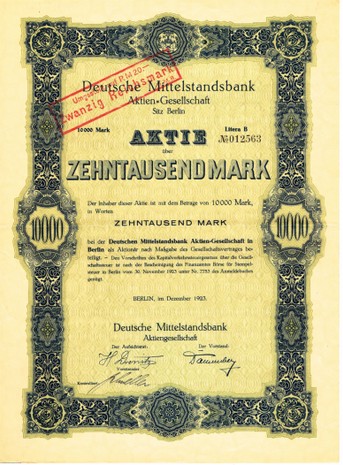 Artikelnr. AP368 Mittelstandsabank Aktie vom Dezember 1923 Nennwert 10000 Mark