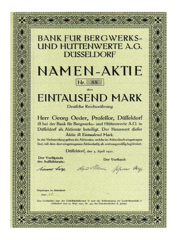 Artikelnr. AP371 Bank für Bergwerks-und Hüttenwerke AG Namensaktie vom April 1921  Nennwert 1000 Mark