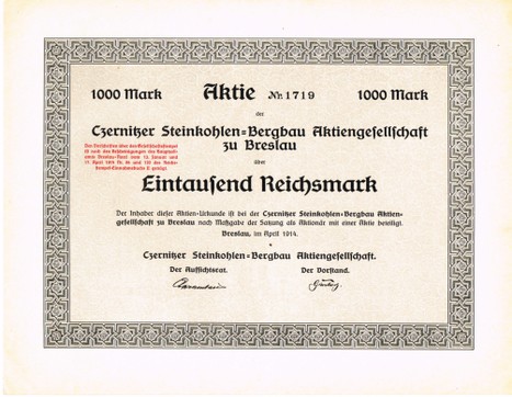 Artikelnr. AP372 Aktie der Czernitzer Steinkohlen.Bergbau AG von 04.1914 Nennwert1000 Reichsmark