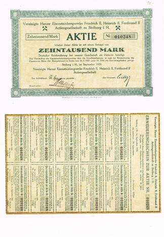 Artikelnr. AP375 Aktie der Vereinigte Harzer Eisensteinbergwerke AG von 1923 Nennwert 10000 Reichsmark