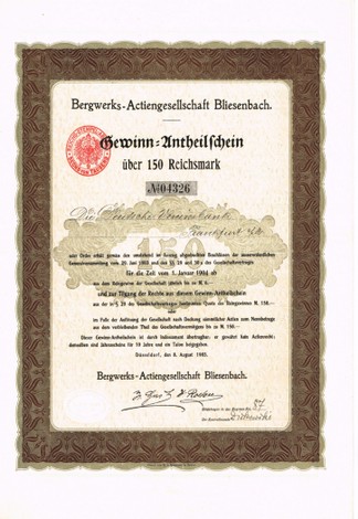 Artikelnr. AP323 Anteilsschein der Bergwerks AG Bliesenbqach von 1903 Nennwert 1050 Reichsmark