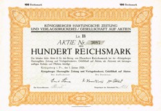 Artikelnr. AP377 Aktie der Königsberger Hartungschen Zeitung  von 1928 Nennwert 100 Reichsmark