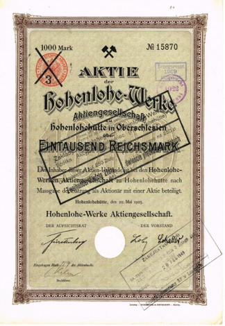 Artikelnr. AP378 Aktie Hohenlohe Werke in Oberschlesien von 1905 Nennwert 1000 Reichsmark