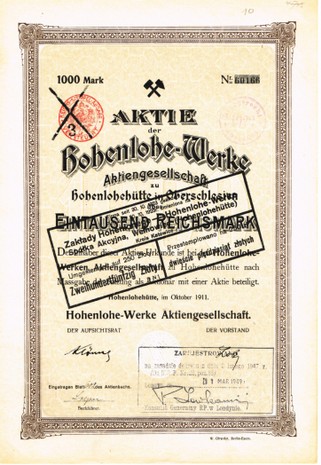 Artikelnr. AP379 Aktie Hohenlohe Werke in Oberschlesien von 1911 Nennwert 1000 Reichsmark